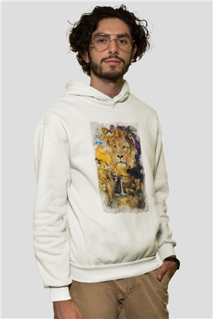 Aslan Beyaz Unisex Kapüşonlu Sweatshirt