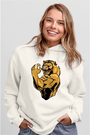 Aslan Beyaz Unisex Kapüşonlu Sweatshirt