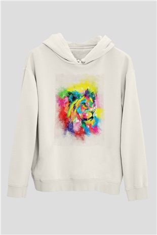 Aslan Beyaz Unisex Kapüşonlu Sweatshirt