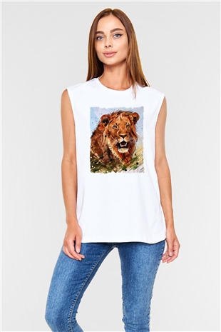 Aslan Beyaz Unisex Kolsuz Tişört