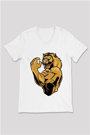 Aslan Beyaz Unisex V Yaka Tişört