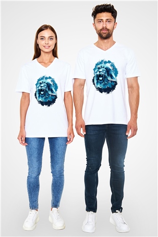 Aslan Beyaz Unisex V Yaka Tişört