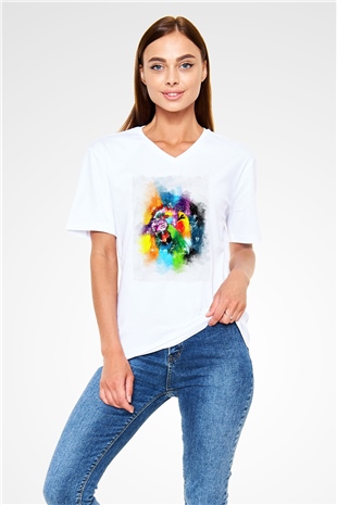 Aslan Beyaz Unisex V Yaka Tişört