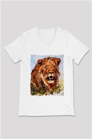 Aslan Beyaz Unisex V Yaka Tişört