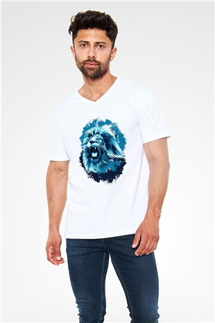 Aslan Beyaz Unisex V Yaka Tişört