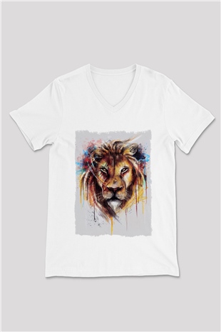 Aslan Beyaz Unisex V Yaka Tişört