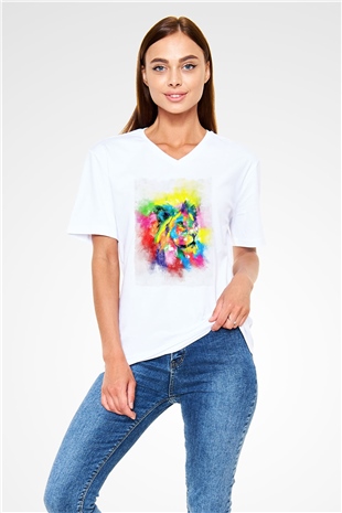 Aslan Beyaz Unisex V Yaka Tişört