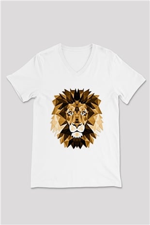 Aslan Beyaz Unisex V Yaka Tişört T-Shirt
