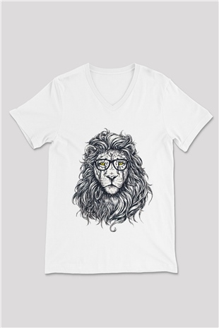 Aslan Beyaz Unisex V Yaka Tişört T-Shirt