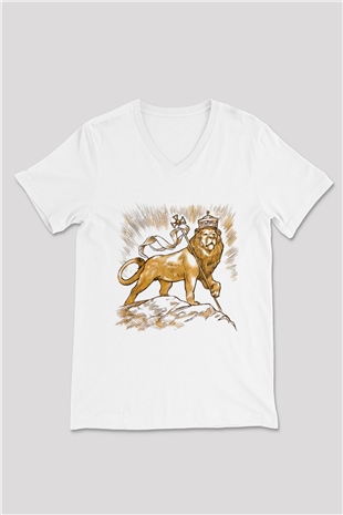 Aslan Beyaz Unisex V Yaka Tişört T-Shirt