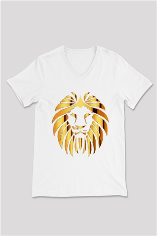 Aslan Beyaz Unisex V Yaka Tişört T-Shirt