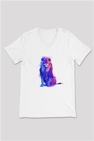 Aslan Beyaz Unisex V Yaka Tişört T-Shirt