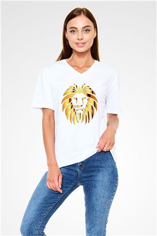 Aslan Beyaz Unisex V Yaka Tişört T-Shirt