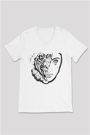 Aslan Beyaz Unisex V Yaka Tişört T-Shirt