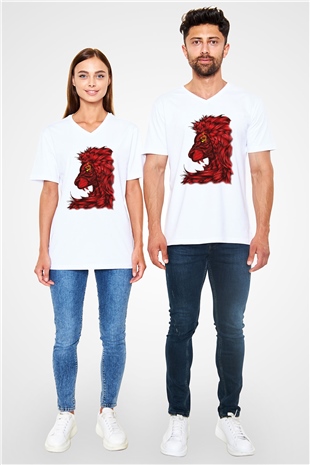 Aslan Beyaz Unisex V Yaka Tişört T-Shirt