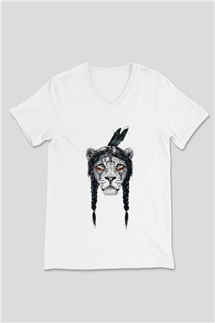 Aslan Beyaz Unisex V Yaka Tişört T-Shirt