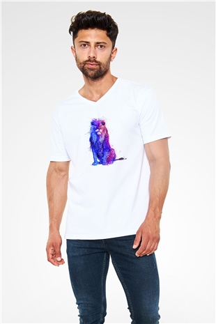 Aslan Beyaz Unisex V Yaka Tişört T-Shirt