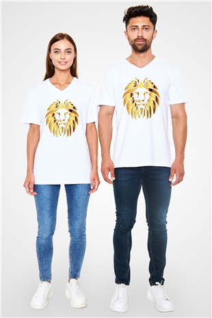 Aslan Beyaz Unisex V Yaka Tişört T-Shirt