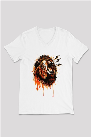 Aslan Beyaz Unisex V Yaka Tişört T-Shirt