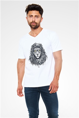 Aslan Beyaz Unisex V Yaka Tişört T-Shirt