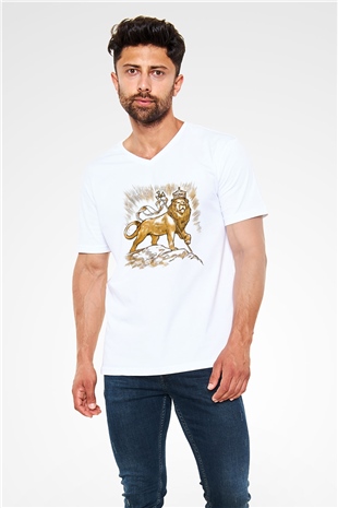 Aslan Beyaz Unisex V Yaka Tişört T-Shirt
