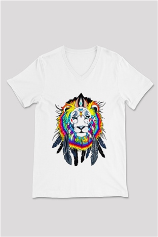 Aslan Beyaz Unisex V Yaka Tişört T-Shirt
