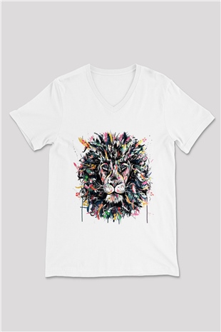 Aslan Beyaz Unisex V Yaka Tişört T-Shirt