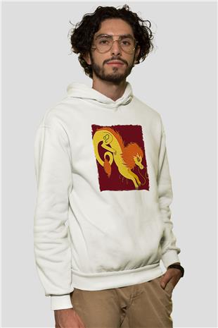 Aslan Burcu Baskılı Beyaz Unisex Hoodie