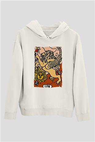 Aslan Burcu Baskılı Beyaz Unisex Hoodie