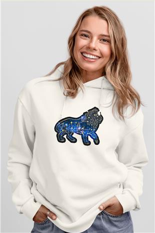 Aslan Burcu Baskılı Beyaz Unisex Hoodie