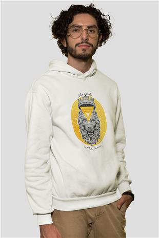 Aslan Burcu Baskılı Beyaz Unisex Hoodie