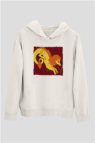 Aslan Burcu Baskılı Beyaz Unisex Hoodie