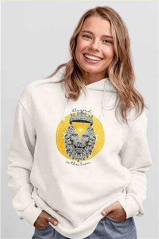 Aslan Burcu Baskılı Beyaz Unisex Hoodie
