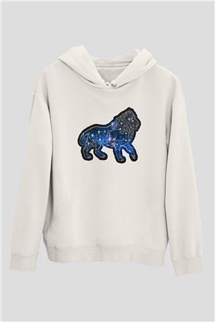 Aslan Burcu Baskılı Beyaz Unisex Hoodie