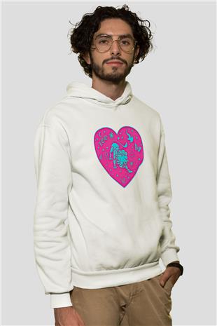 Aslan Burcu Baskılı Beyaz Unisex Hoodie