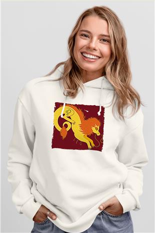Aslan Burcu Baskılı Beyaz Unisex Hoodie