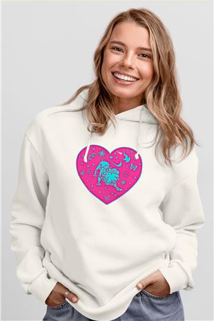 Aslan Burcu Baskılı Beyaz Unisex Hoodie