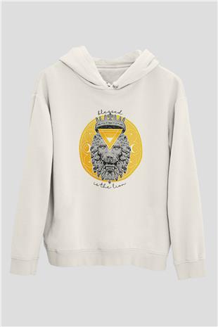 Aslan Burcu Baskılı Beyaz Unisex Hoodie