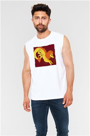 Aslan Burcu Baskılı Beyaz Unisex Kolsuz Tişört - Tshirt