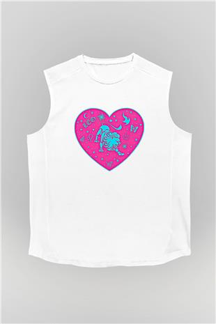 Aslan Burcu Baskılı Beyaz Unisex Kolsuz Tişört - Tshirt