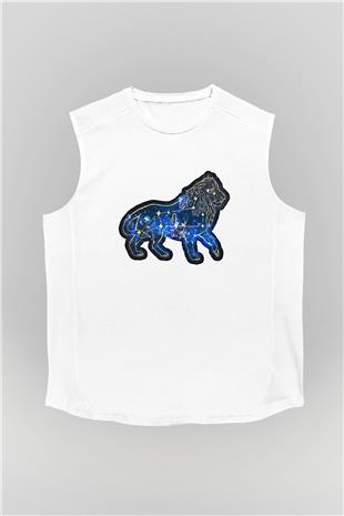 Aslan Burcu Baskılı Beyaz Unisex Kolsuz Tişört - Tshirt