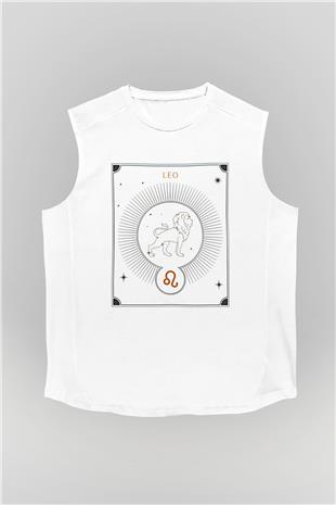 Aslan Burcu Baskılı Beyaz Unisex Kolsuz Tişört - Tshirt