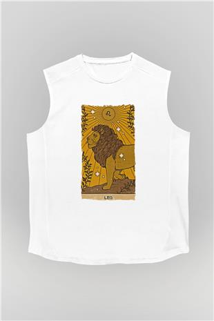 Aslan Burcu Baskılı Beyaz Unisex Kolsuz Tişört - Tshirt