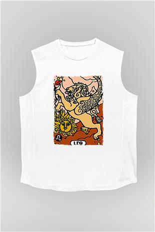 Aslan Burcu Baskılı Beyaz Unisex Kolsuz Tişört - Tshirt