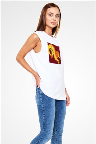 Aslan Burcu Baskılı Beyaz Unisex Kolsuz Tişört - Tshirt