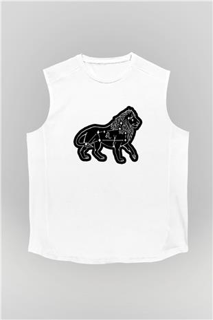 Aslan Burcu Baskılı Beyaz Unisex Kolsuz Tişört - Tshirt