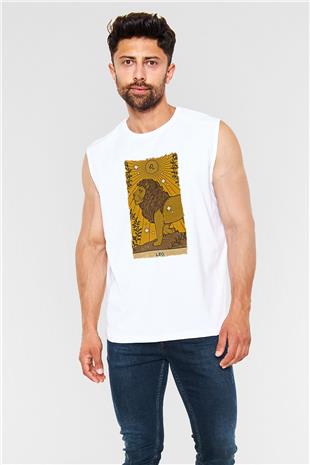 Aslan Burcu Baskılı Beyaz Unisex Kolsuz Tişört - Tshirt
