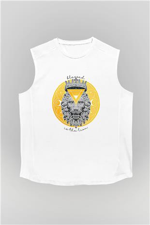 Aslan Burcu Baskılı Beyaz Unisex Kolsuz Tişört - Tshirt