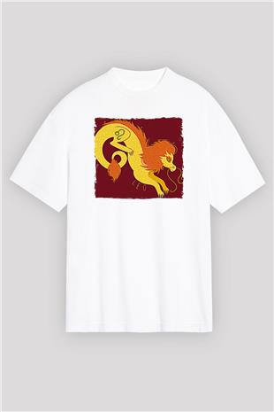 Aslan Burcu Baskılı Beyaz Unisex Oversize Tişört - Tshirt