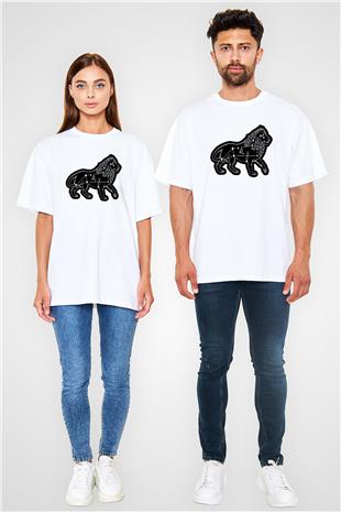 Aslan Burcu Baskılı Beyaz Unisex Oversize Tişört - Tshirt